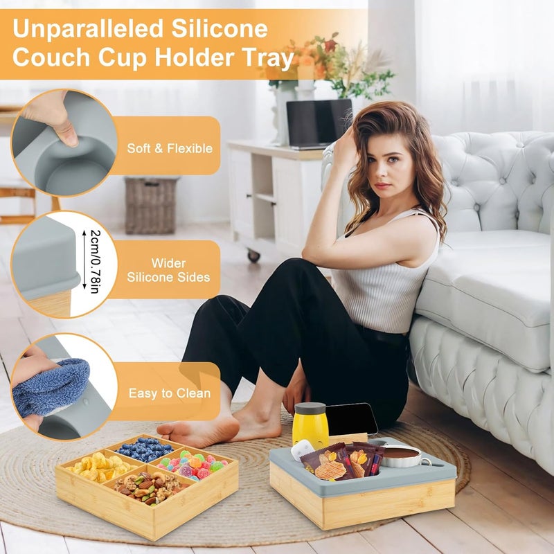 IUMLXJO 2 in 1 Couch Cup Holder Tray, Bamboo Silicone Couch Caddy Tray with Cup Holder & Phone Stand, Waterproof Anti-Spill Sofa Bed Organizer Box for Drinks, Snacks, Remote Mobile, Car Seat, RV - Image 4